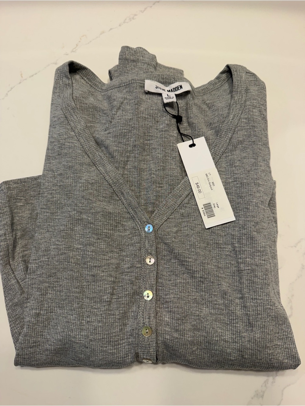 Steve Madden Light Gray Ribbed Button-Up Bodysuit